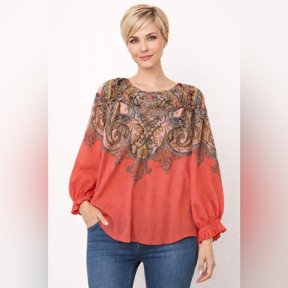 Hale Bob Vibrant Coral Paisley Blouse Size XS